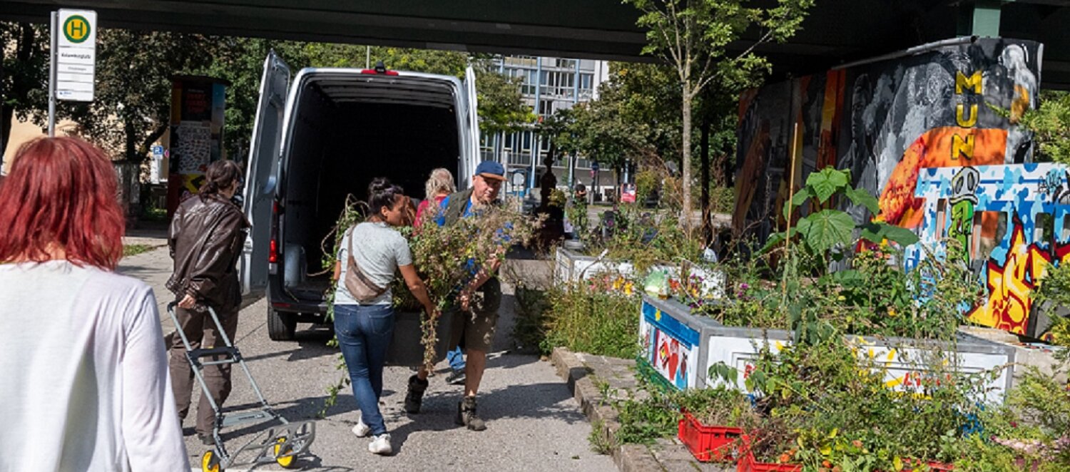 Personen tragen gemeinsam Pflanzen aus einem Transporter