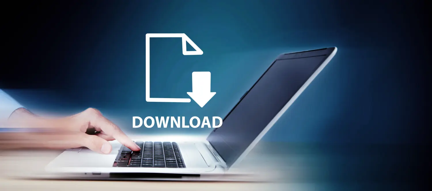 Seitenporträt eines Laptops mit einem großen Icon „Download“ darüber.